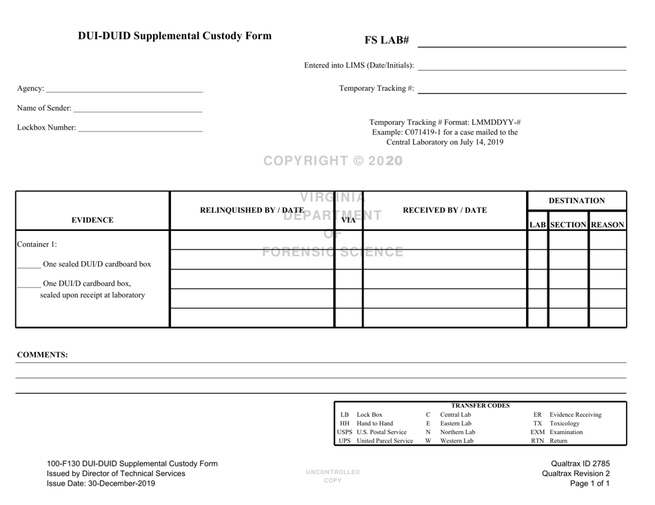 DFS Form 100-F130 Dui-Duid Supplemental Custody Form - Virginia, Page 1