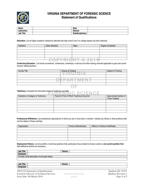 DFS Form 100-F134 Statement of Qualifications - Virginia