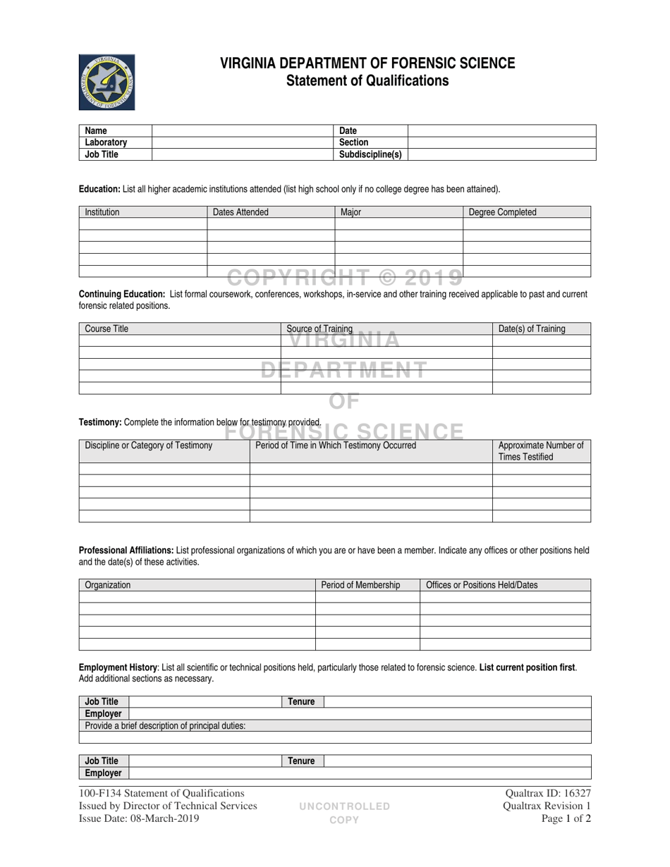 DFS Form 100-F134 Statement of Qualifications - Virginia, Page 1