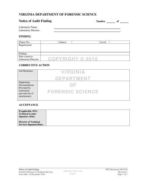 DFS Form 100-F129 Notice of Audit Finding - Virginia