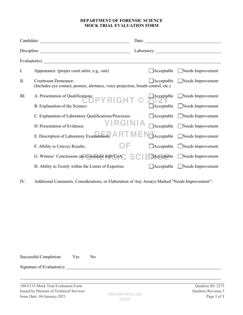 DFS Form 100-F133 Mock Trial Evaluation Form - Virginia