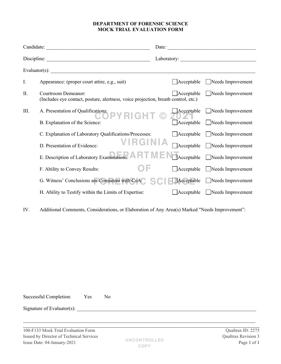 DFS Form 100-F133 Mock Trial Evaluation Form - Virginia, Page 1