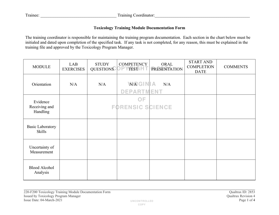 DFS Form 220-F200 Toxicology Training Module Documentation Form - Virginia, Page 1