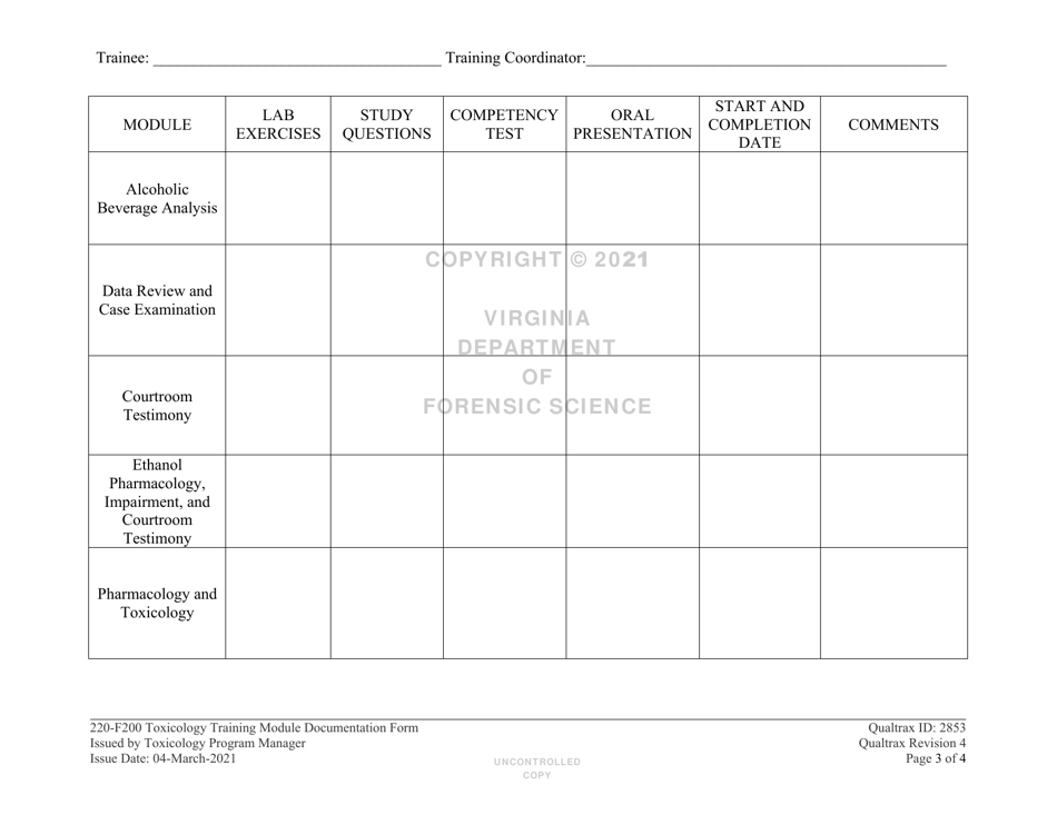 DFS Form 220-F200 Toxicology Training Module Documentation Form - Virginia, Page 3