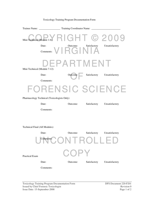 DFS Form 220-F201 Toxicology Training Program Documentation Form - Virginia