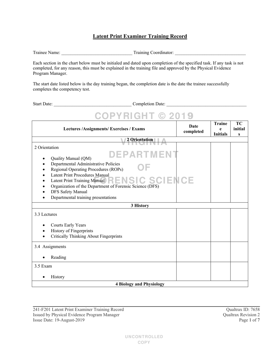 DFS Form 241-F201 Latent Print Examiner Training Record - Virginia, Page 1