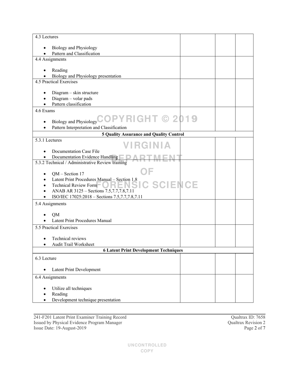 DFS Form 241-F201 Latent Print Examiner Training Record - Virginia, Page 2