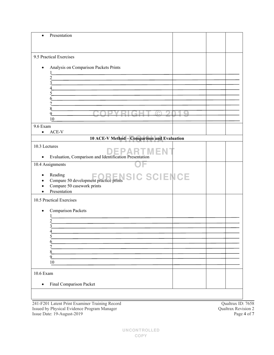 DFS Form 241-F201 Latent Print Examiner Training Record - Virginia, Page 4