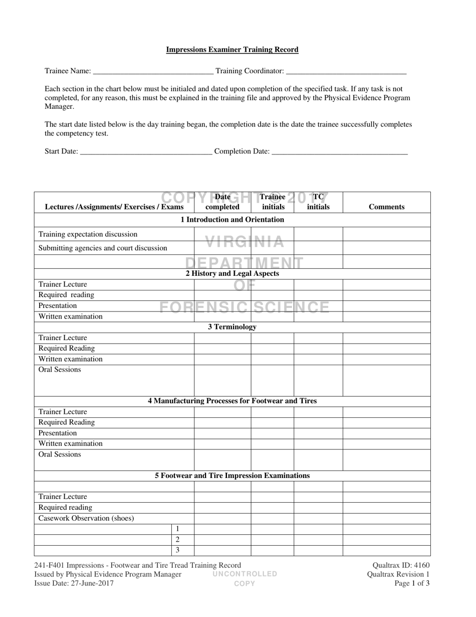 DFS Form 241-F401 Impressions Examiner Training Record - Virginia, Page 1