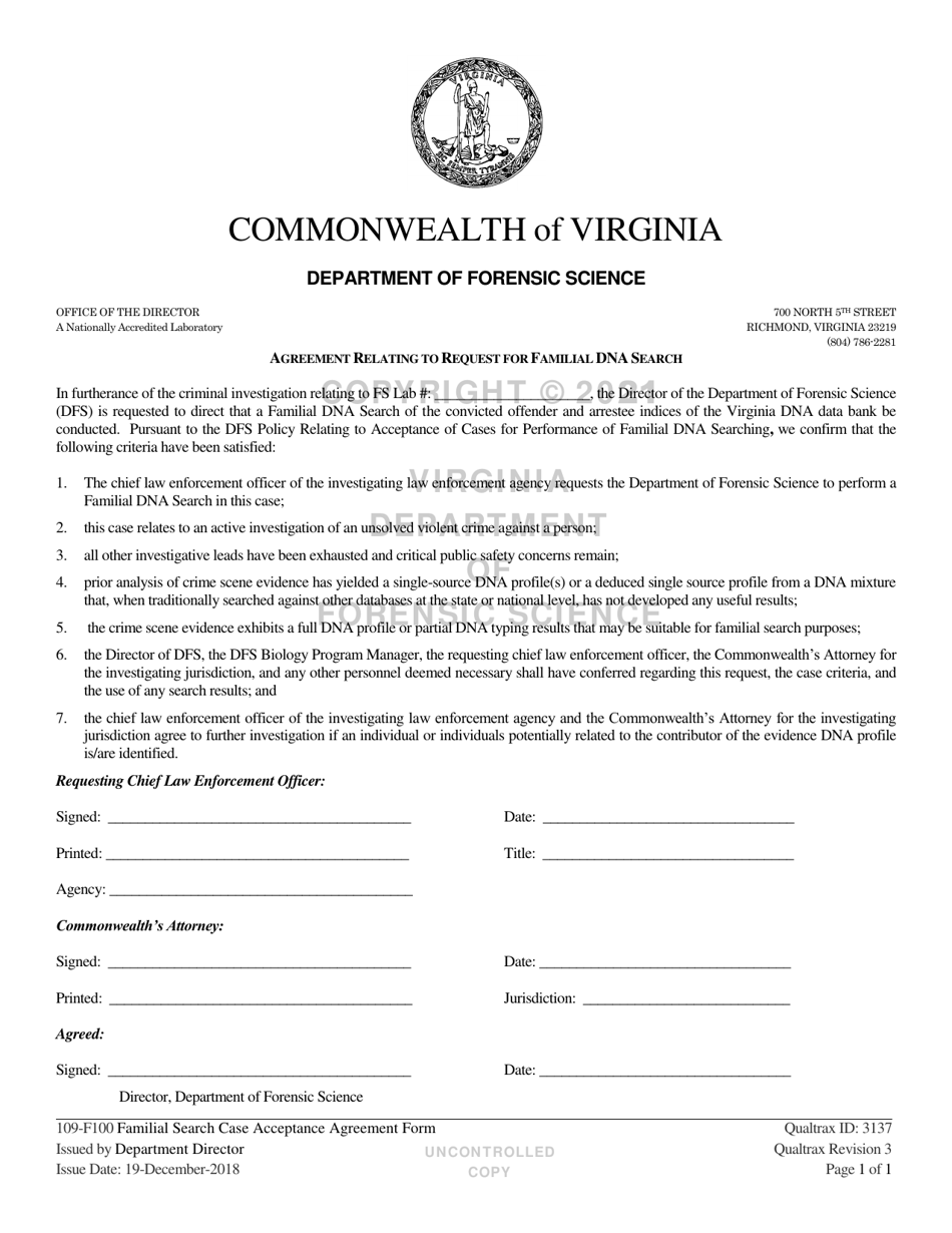 DFS Form 109-F100 Agreement Relating to Request for Familial Dna Search - Virginia, Page 1