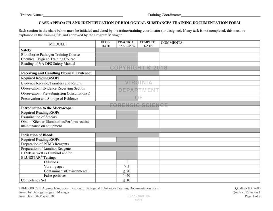 DFS Form 210-F3000 Case Approach and Identification of Biological Substances Training Documentation Form - Virginia, Page 1