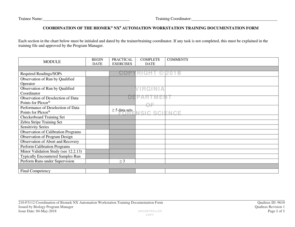 DFS Form 210-F3112 Coordination of the Biomek Nx Automation Workstation Training Documentation Form - Virginia, Page 1