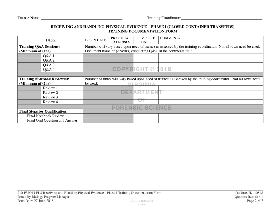 DFS Form 210-F3204-I FLS Receiving and Handling Physical Evidence - Phase I (Closed Container Transfers) Training Documentation Form - Virginia, Page 2