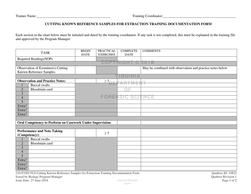 DFS Form 210-F3205 FLS Cutting Known Reference Samples for Extraction Training Documentation Form - Virginia