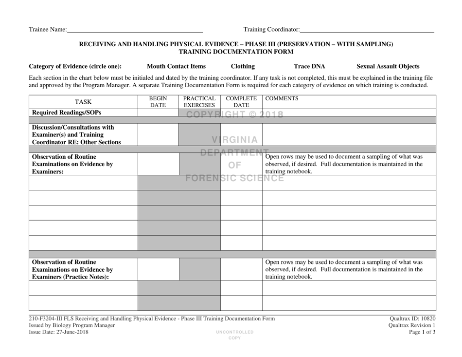 DFS Form 210-F3204-III FLS Receiving and Handling Physical Evidence - Phase Iii (Preservation - With Sampling) Training Documentation Form - Virginia, Page 1