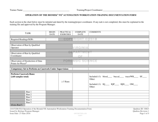 Document preview: DFS Form 210-F3206 FLS Operation of the Biomek Nx Automation Workstation Training Documentation Form - Virginia