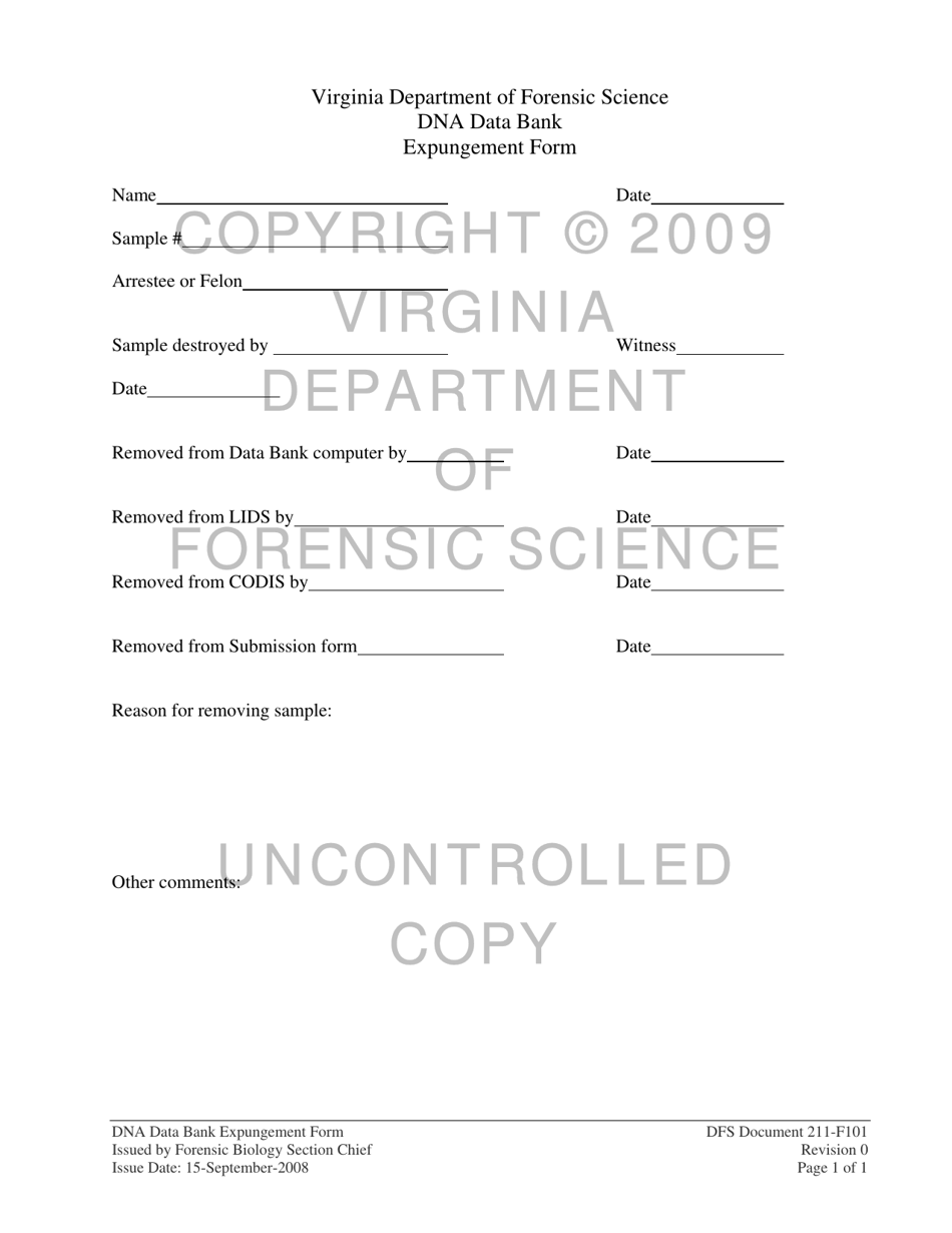 DFS Form 211-F101 Dna Data Bank Expungement Form - Virginia, Page 1