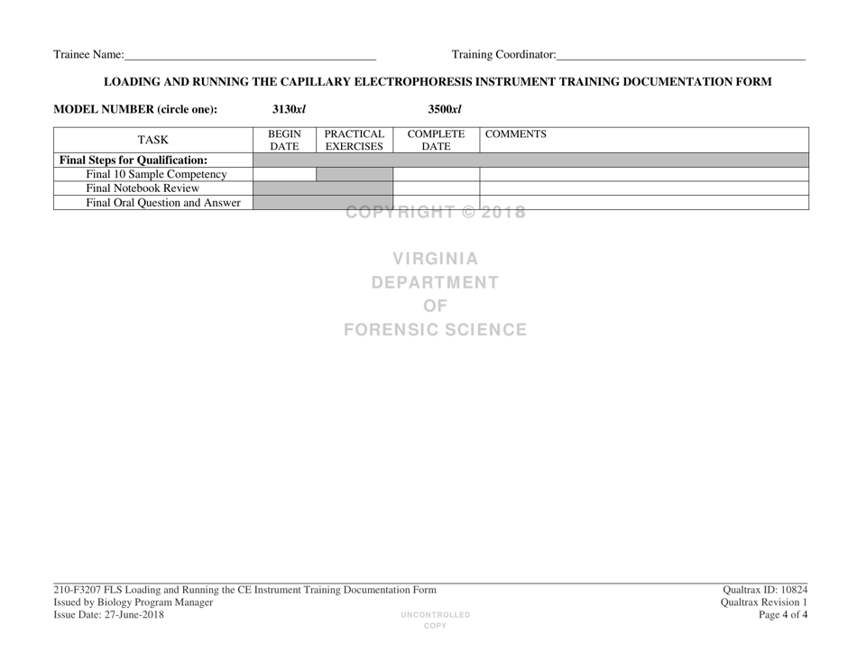 DFS Form 210-F3207 FLS Loading and Running the Capillary Electrophoresis Instrument Training Documentation Form - Virginia, Page 4