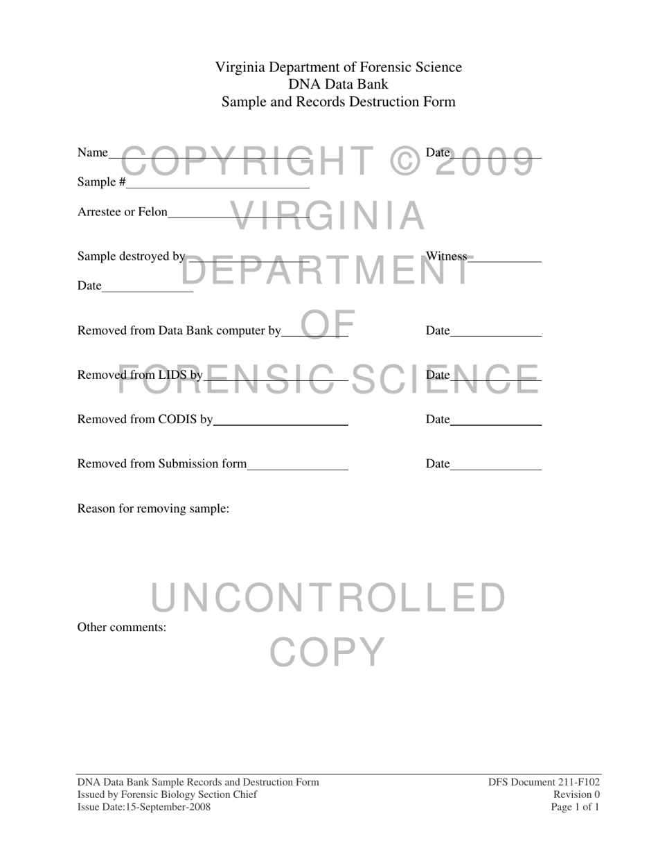 DFS Form 211-F102 Dna Data Bank Sample and Records Destruction Form - Virginia, Page 1