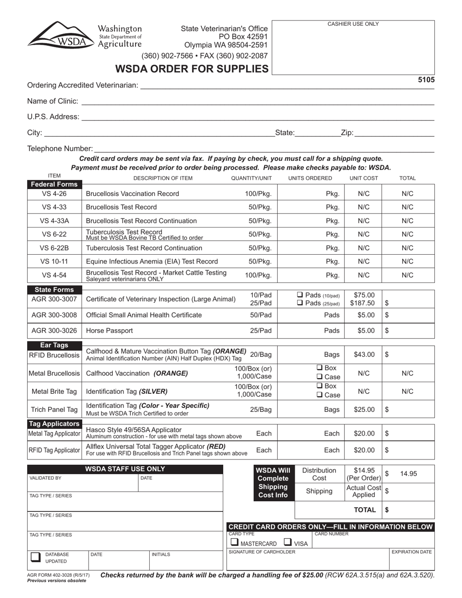 AGR Form 402-3028 Wsda Order Form for Veterinary Supplies / Tags - Washington, Page 1