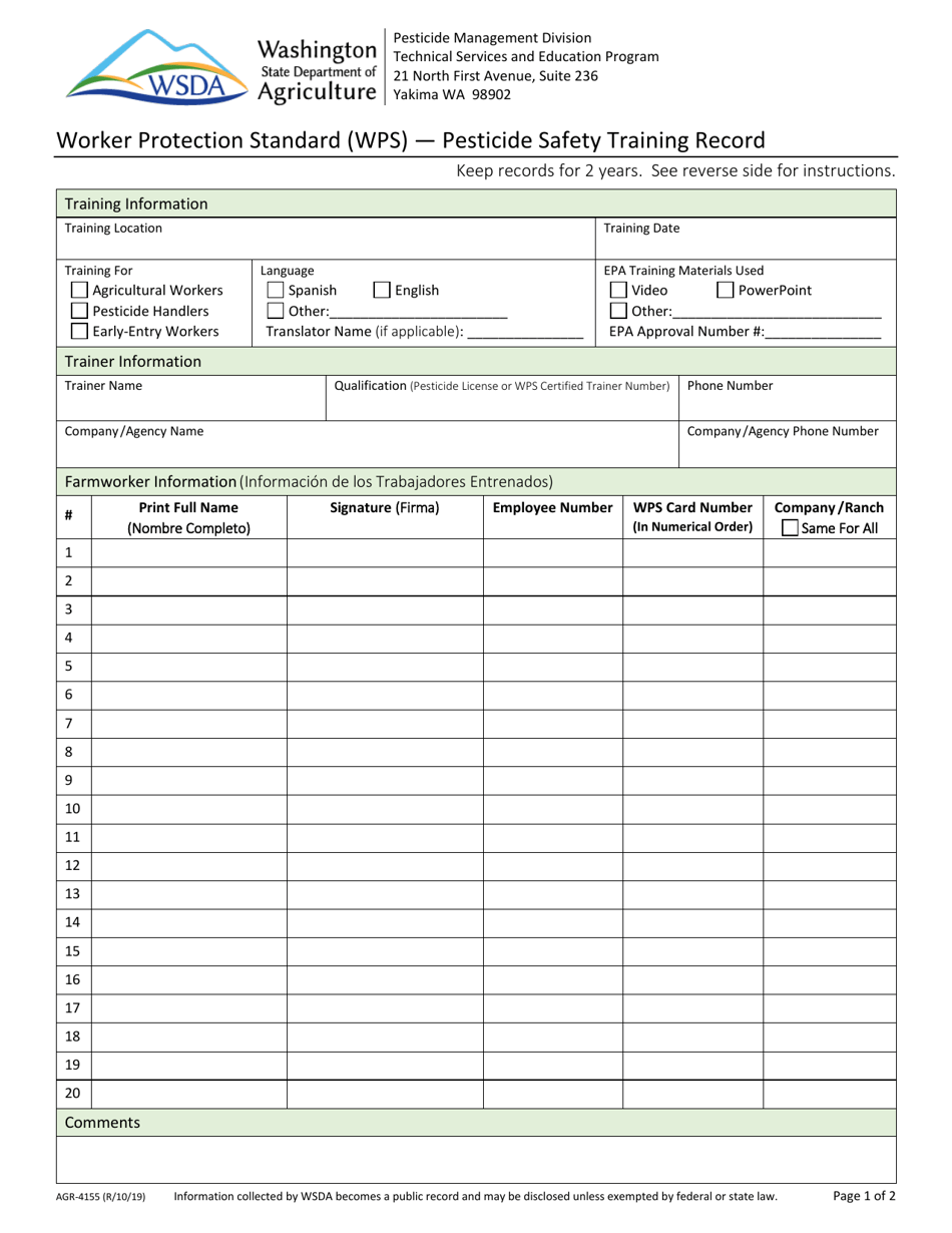 Form AGR-4155 Worker Protection Standard (Wps) - Pesticide Safety Training Record - Washington, Page 1