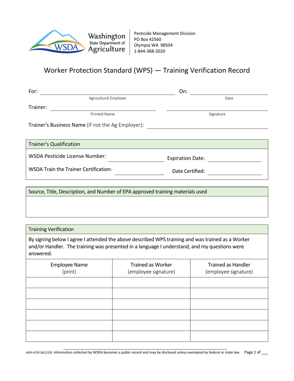 Form AGR-4159 Worker Protection Standard (Wps) - Training Verification Record - Washington, Page 1