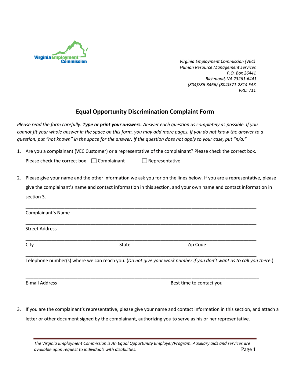 Equal Opportunity Discrimination Complaint Form - Virginia, Page 1