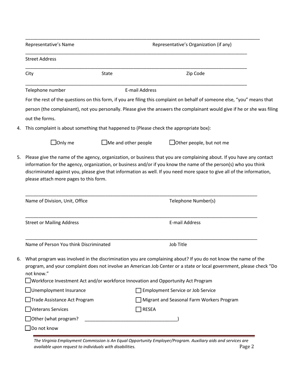 Equal Opportunity Discrimination Complaint Form - Virginia, Page 2