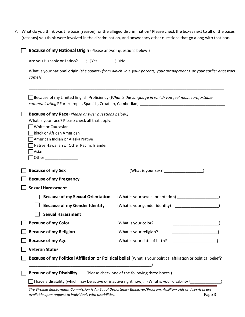 Equal Opportunity Discrimination Complaint Form - Virginia, Page 3