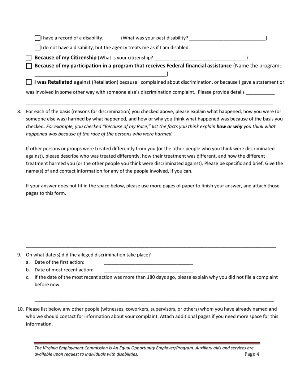 Equal Opportunity Discrimination Complaint Form - Virginia, Page 4