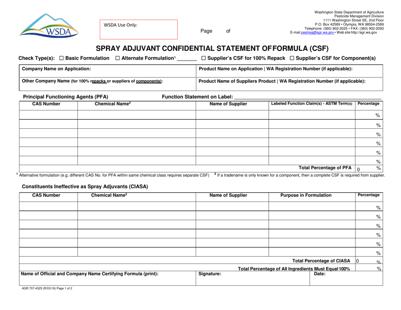 Form AGR707-4325 Spray Adjuvant Confidential Statement of Formula (Csf) - Washington