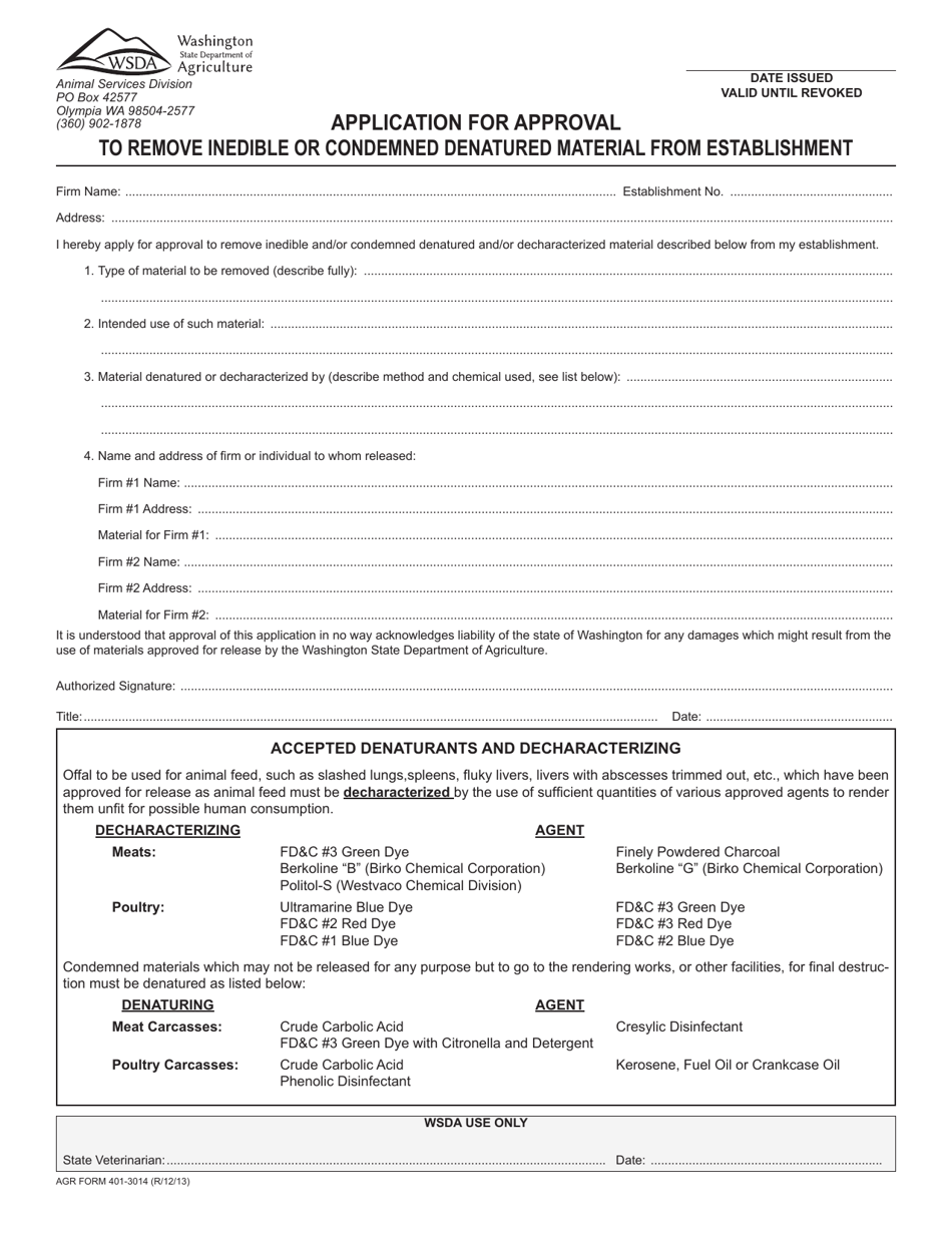 AGR Form 401-3014 Application for Approval to Remove Inedible or Condemned Denatured Material From Establishment - Washington, Page 1