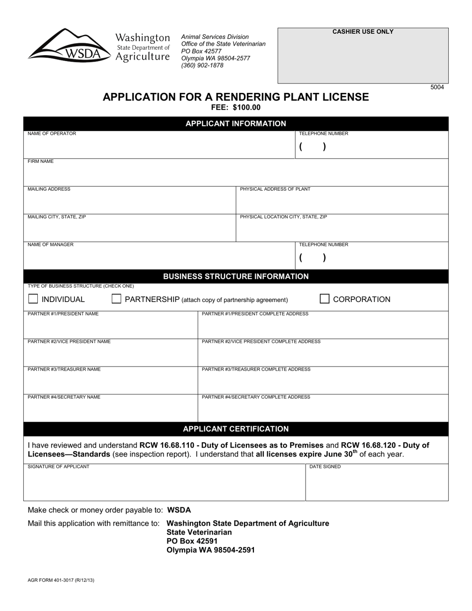 AGR Form 401-3017 Application for a Rendering Plant License - Washington, Page 1