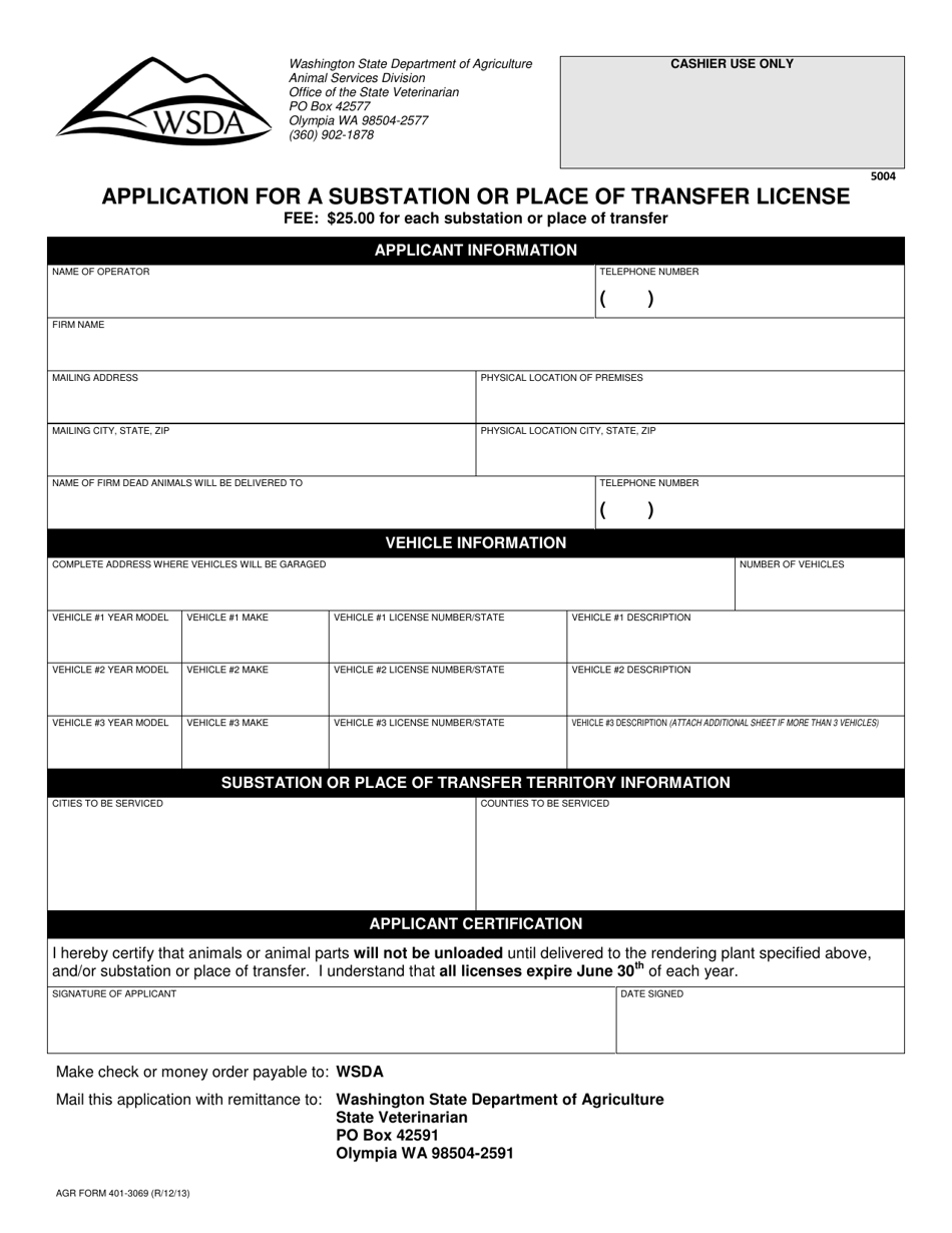 AGR Form 401-3069 Application for a Substation or Place of Transfer License - Washington, Page 1