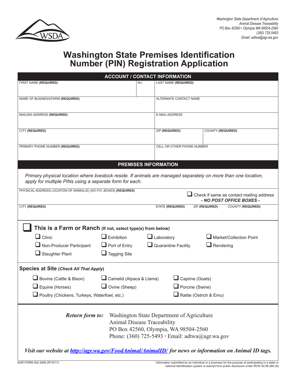 AGR Form 402-3065 Washington State Premises Identification Number (Pin) Registration Application - Washington, Page 1