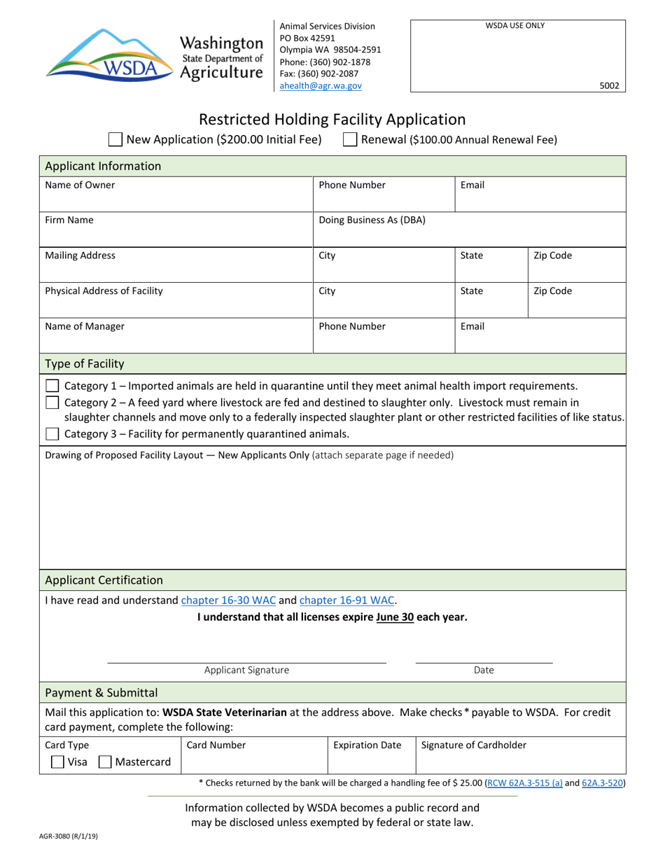 Form AGR-3080 Restricted Holding Facility Application - Washington, Page 1