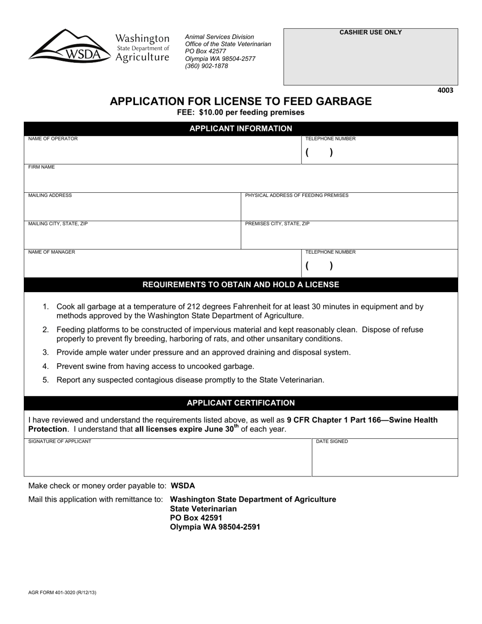 AGR Form 401-3020 Application for License to Feed Garbage - Washington, Page 1