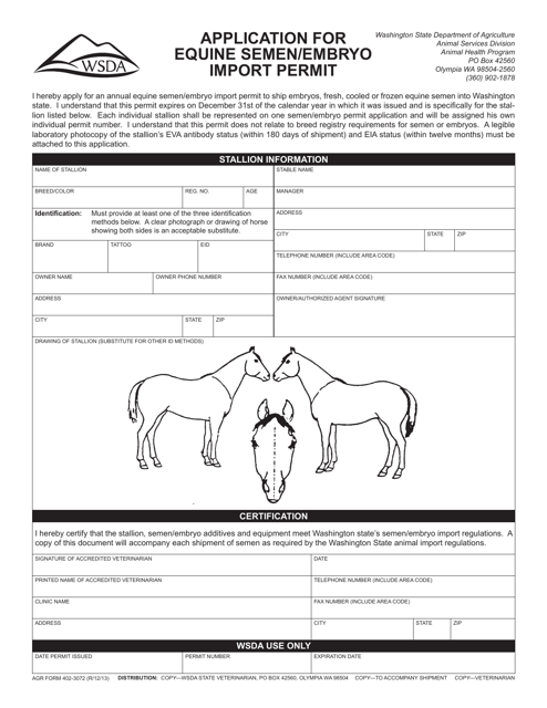 AGR Form 402-3072 Application for Equine Semen/Embryo Import Permit - Washington