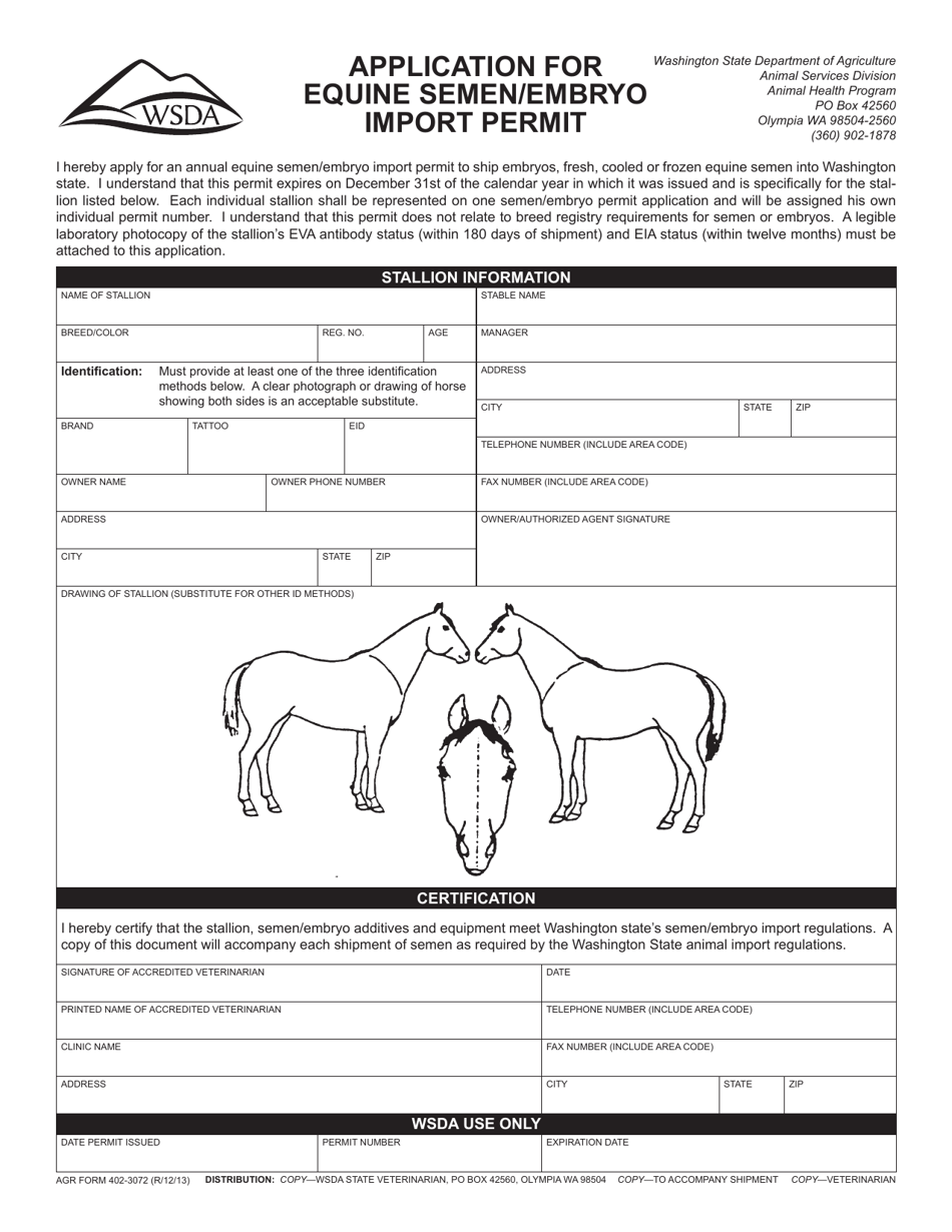 AGR Form 402-3072 Application for Equine Semen / Embryo Import Permit - Washington, Page 1