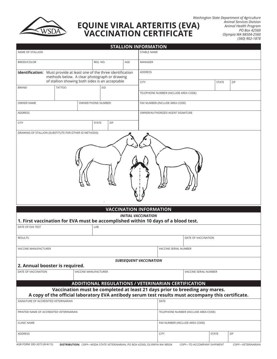 AGR Form 300-3073 Equine Viral Arteritis (Eva) Vaccination Certificate - Washington, Page 1