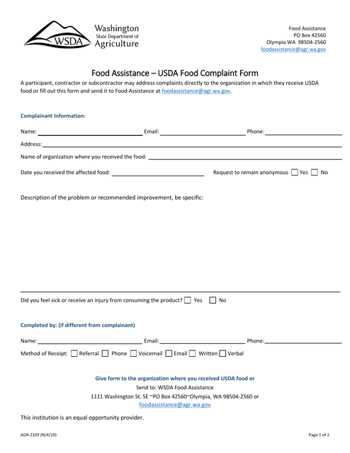 Form AGR-2329 Food Assistance - Usda Food Complaint Form - Washington