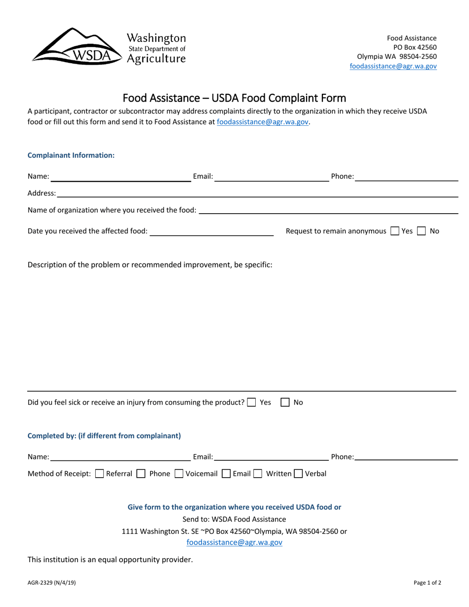 Form AGR-2329 Food Assistance - Usda Food Complaint Form - Washington, Page 1