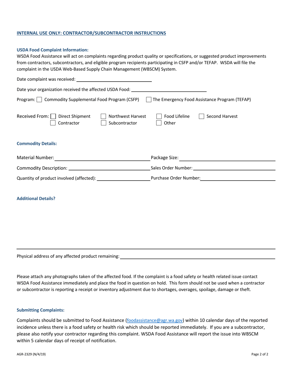 Form AGR-2329 Food Assistance - Usda Food Complaint Form - Washington, Page 2