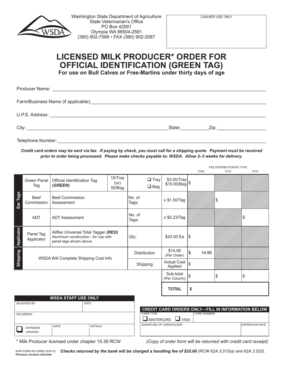 AGR Form 402-3085 Licensed Milk Producer Order for Official Identification (Green Tag) - Washington, Page 1