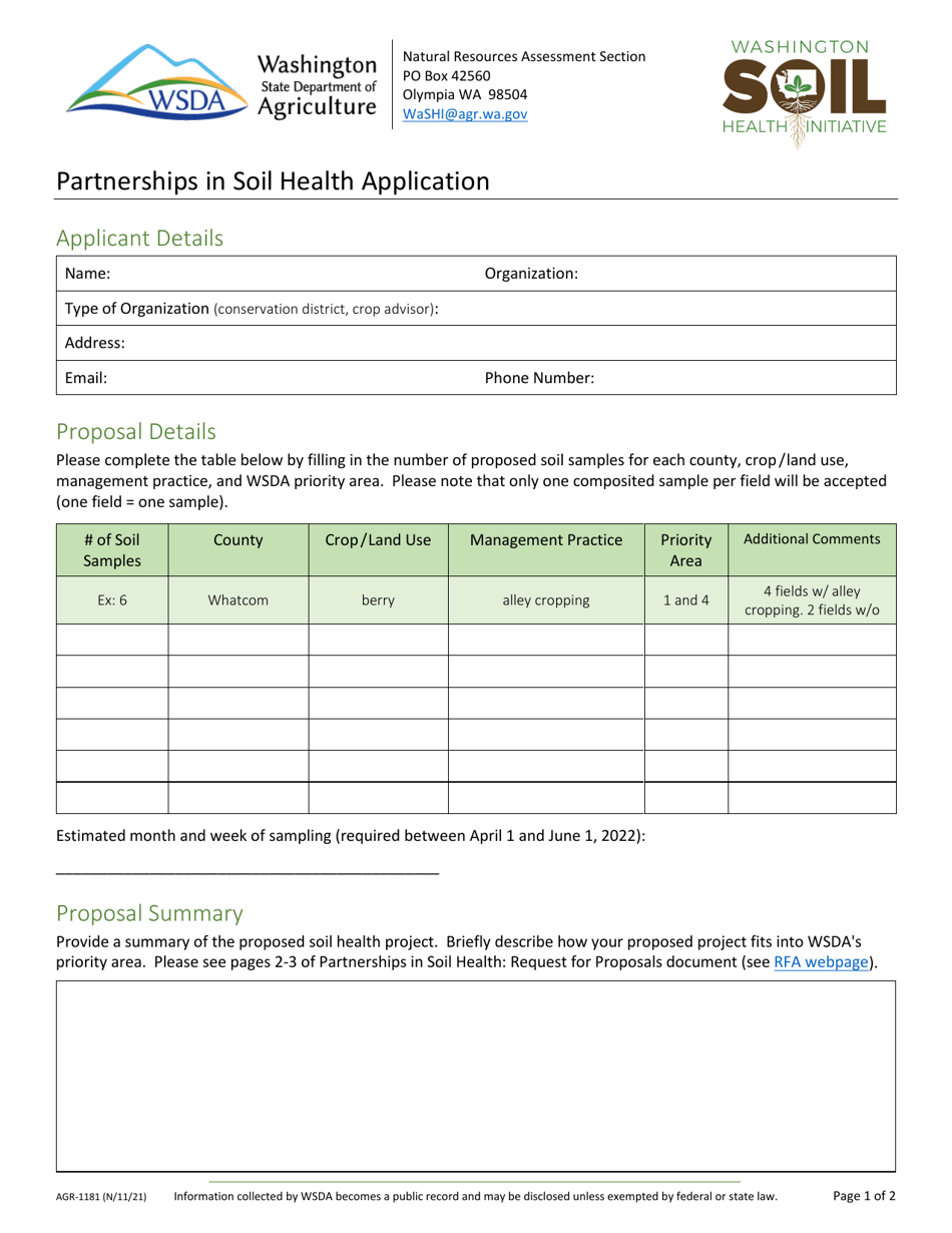 Form AGR-1181 Partnerships in Soil Health Application - Washington, Page 1