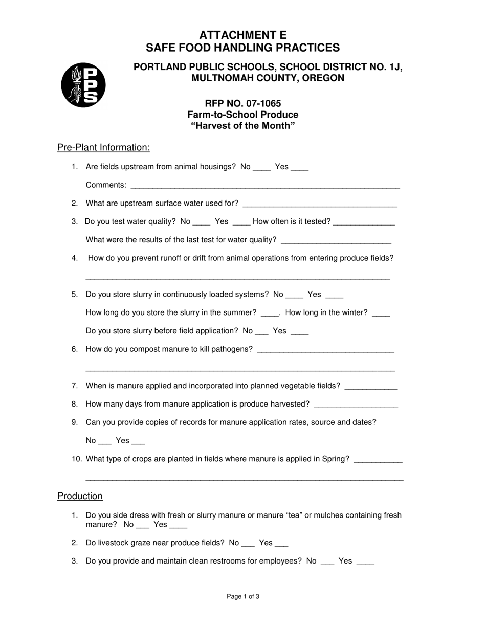 Washington Sample Food Safety & Handling Practices Questionare Fill