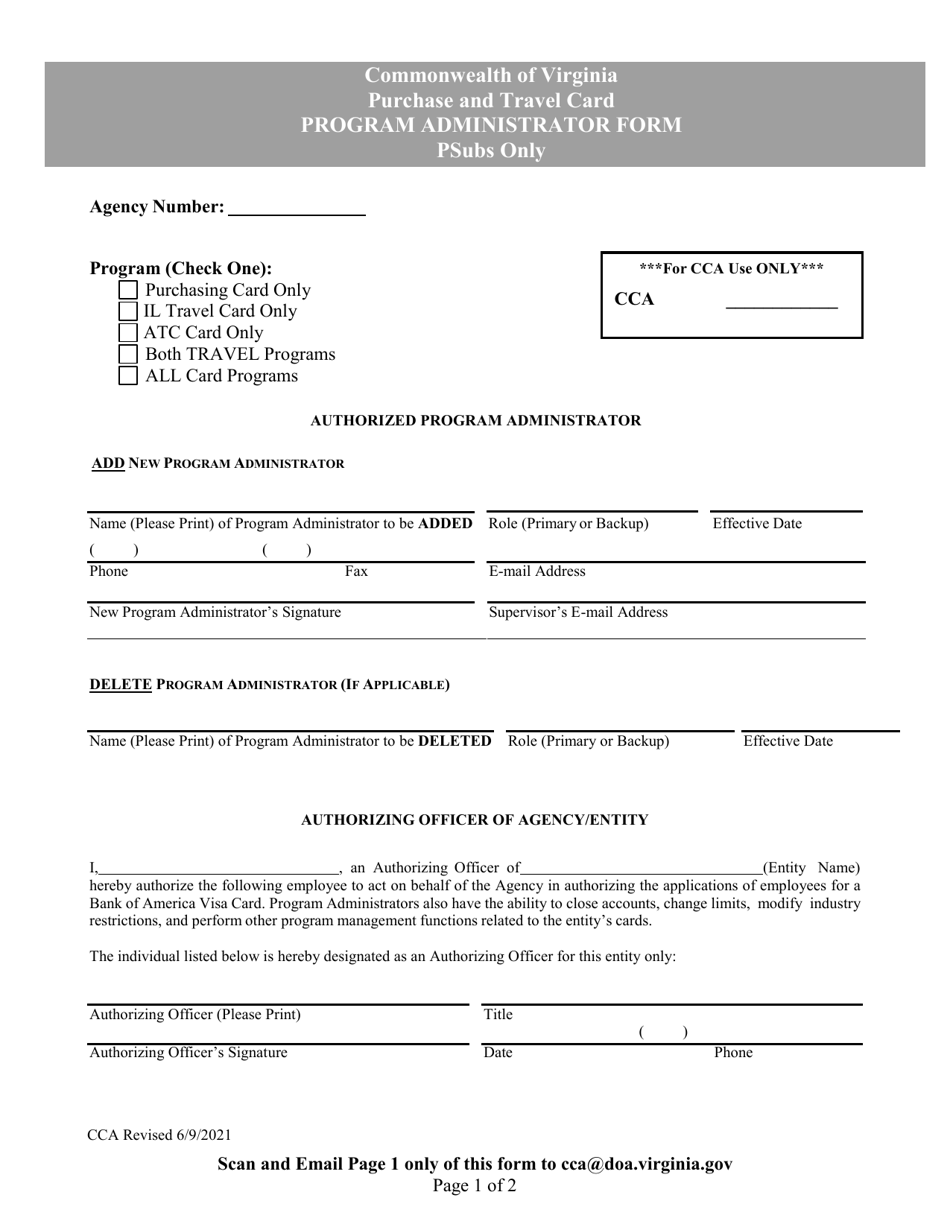 Purchase and Travel Card Program Administrator Form - Psub - Virginia, Page 1