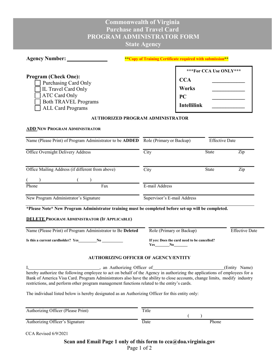 Purchase and Travel Card Program Administrator Form - State Agency - Virginia, Page 1