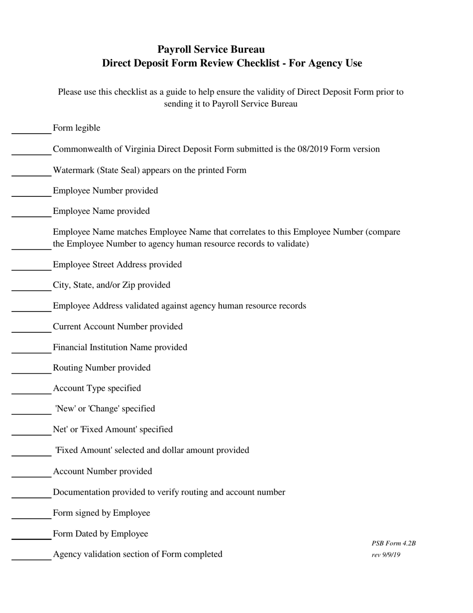 PSB Form 4.2B Direct Deposit Form Review Checklist - Virginia, Page 1