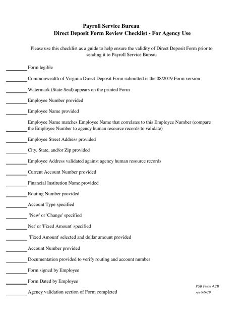 PSB Form 4.2B Direct Deposit Form Review Checklist - Virginia